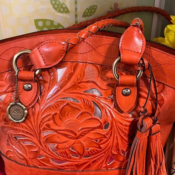 NWOT Patricia Nash “Broncos” Leather Zorita Tool Vibrant Orange Embossed Satchel - Picture 2 of 15